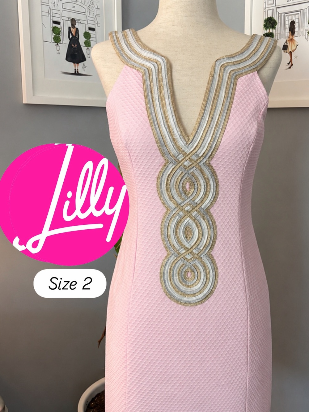 Lilly Pulitzer Pink Midi Dress with Gold & Silver Embellished V-Neck